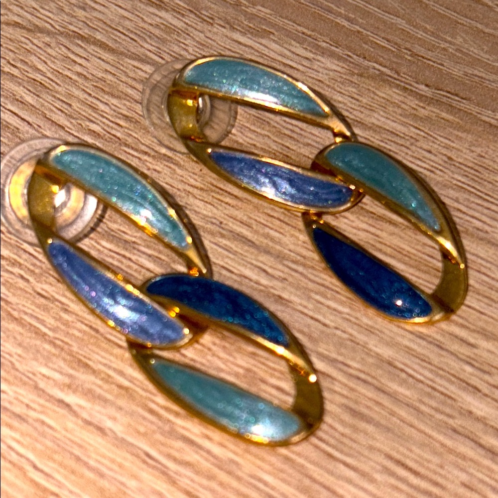 Enameled Gold and Blue Chain Link Earrings